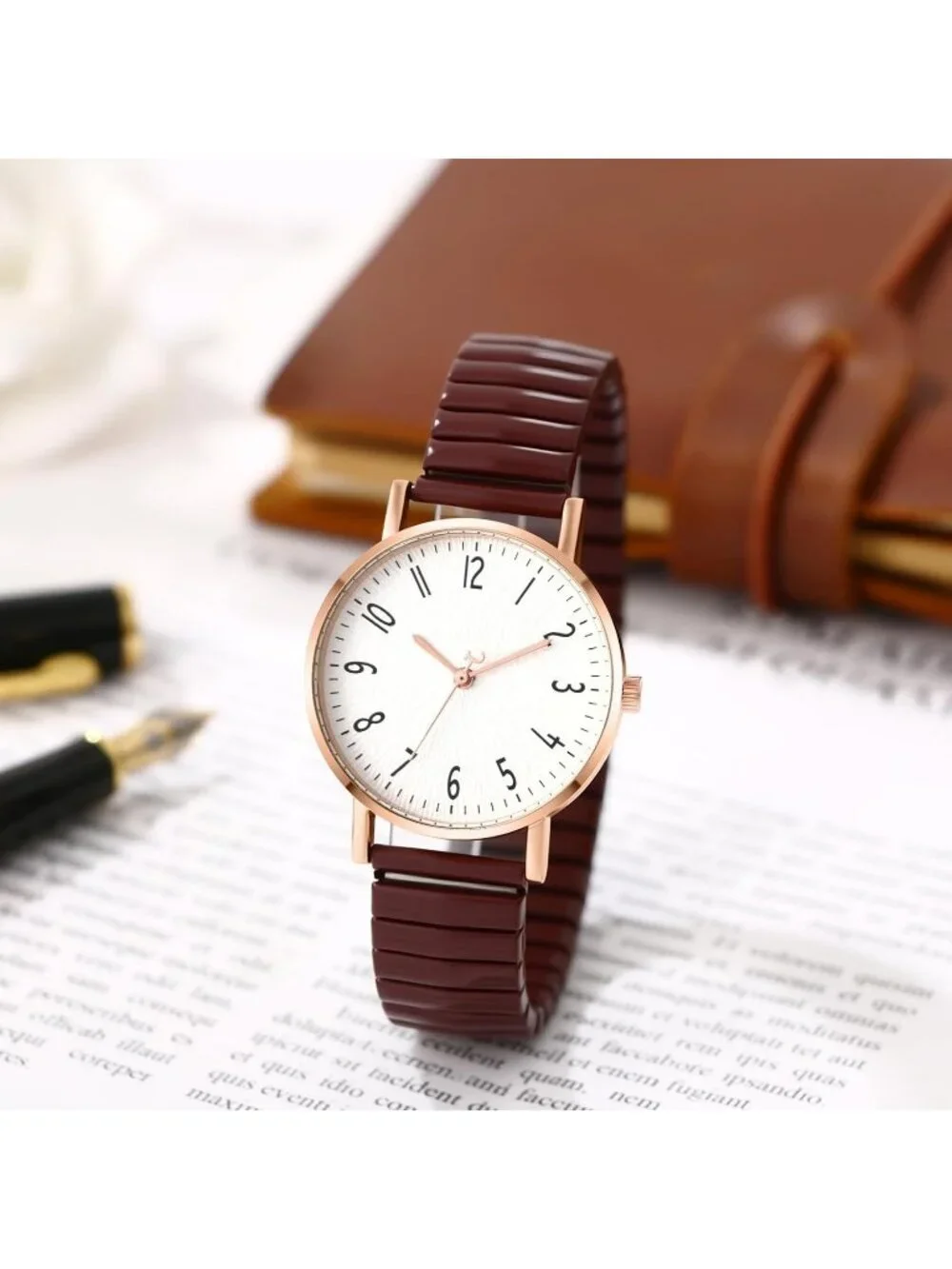 Women's Brown Analog Quartz Elastic Strap Arabic Numerals Waterproof Wrist Watch